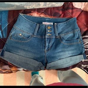 ymi mid rise denim shorts